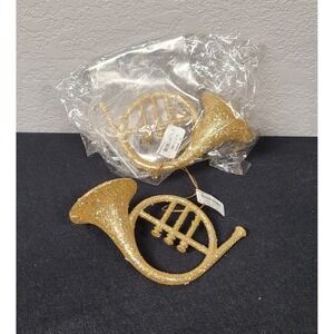 Kathe Wohlfahrt Gold Glitter French Horn Plastic Christmas Ornament (Lot of 2)
